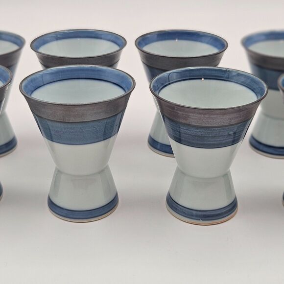 Japanese Hand Decorated Blue Silver White Sake Cups Set of 8 with Box - Picture 3 of 10